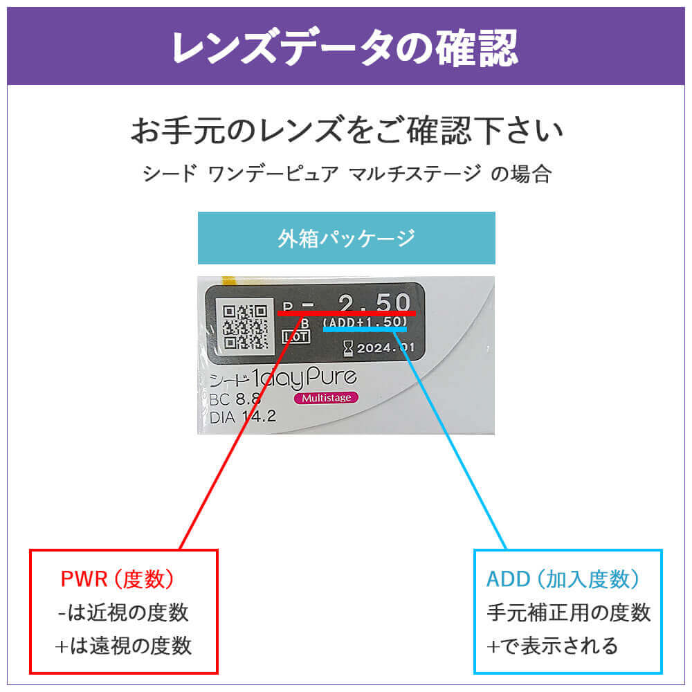 シード ワンデーピュア マルチステージ - 遠近両用コンタクトレンズのレンズデータの確認方法