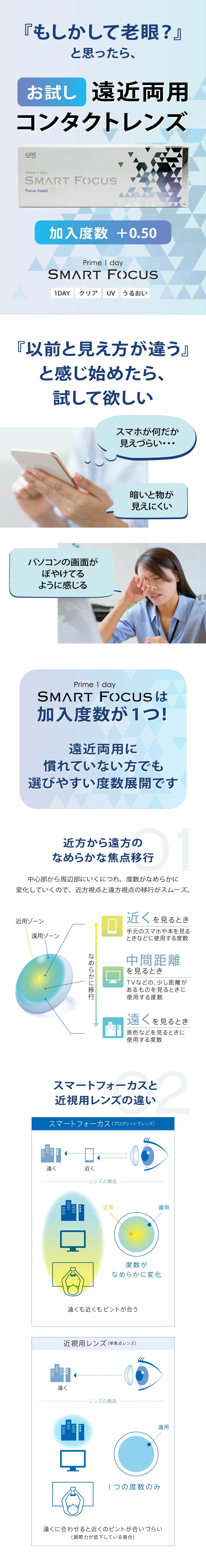 老眼かも？と思ったら試してほしい遠近両用コンタクトレンズ - プライムワンデー スマートフォーカスについて商品詳細